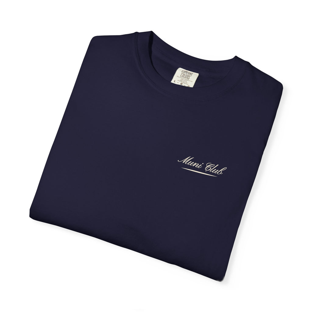 Script Chest Mark Tee in True Navy, folded