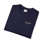 Script Chest Mark Tee in True Navy, folded