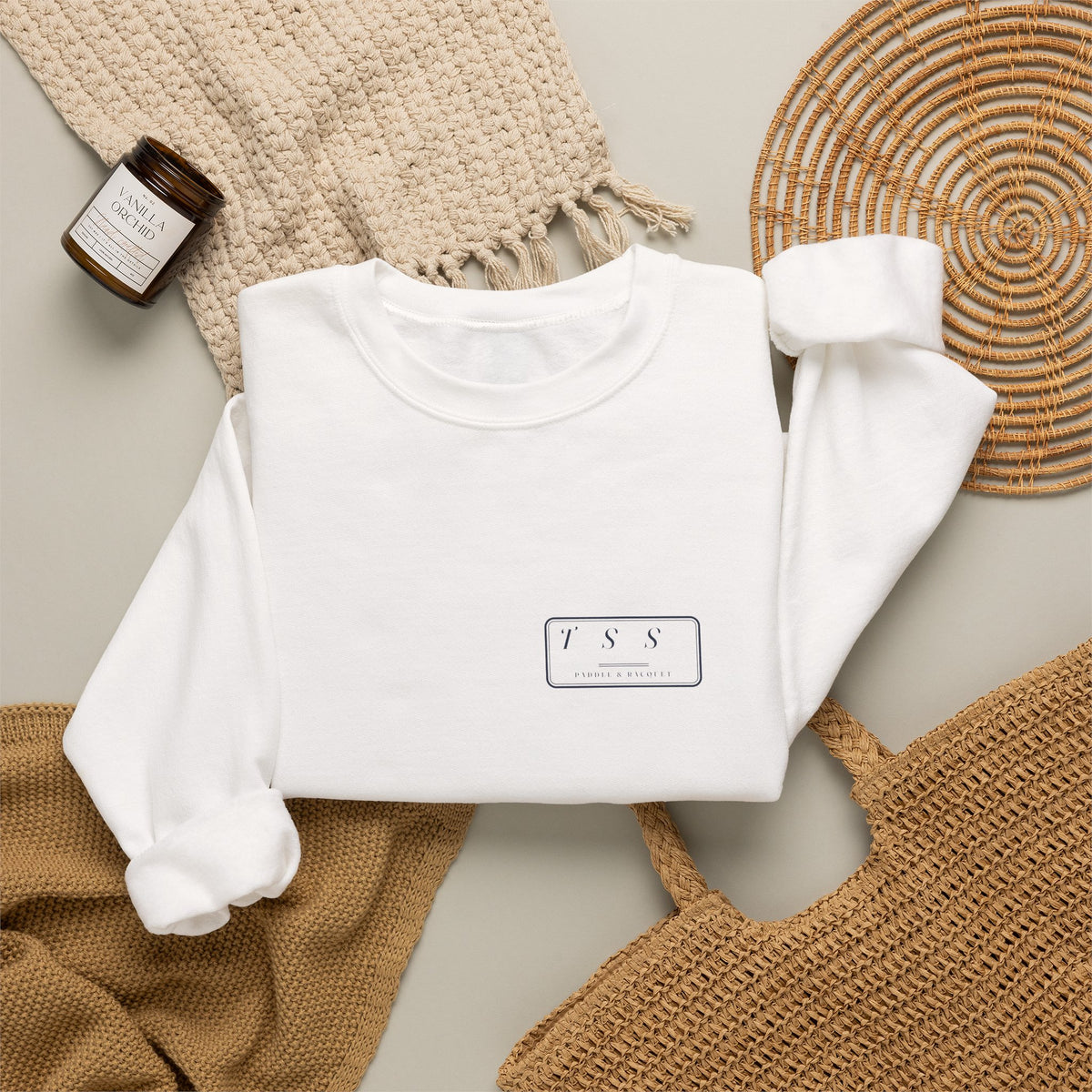 Monogram Shield Crewneck in White, flat lay