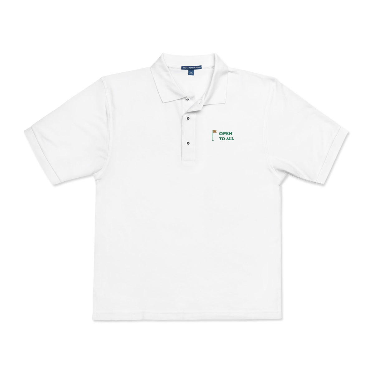 Open to All Polo in White, front view