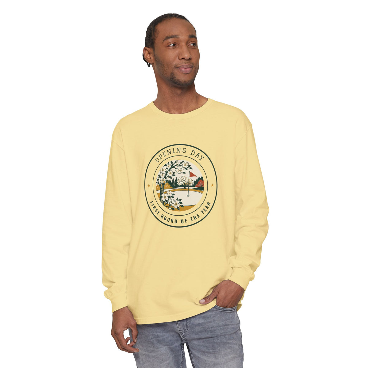Opening Day Long Sleeve Tee in Butter, on model