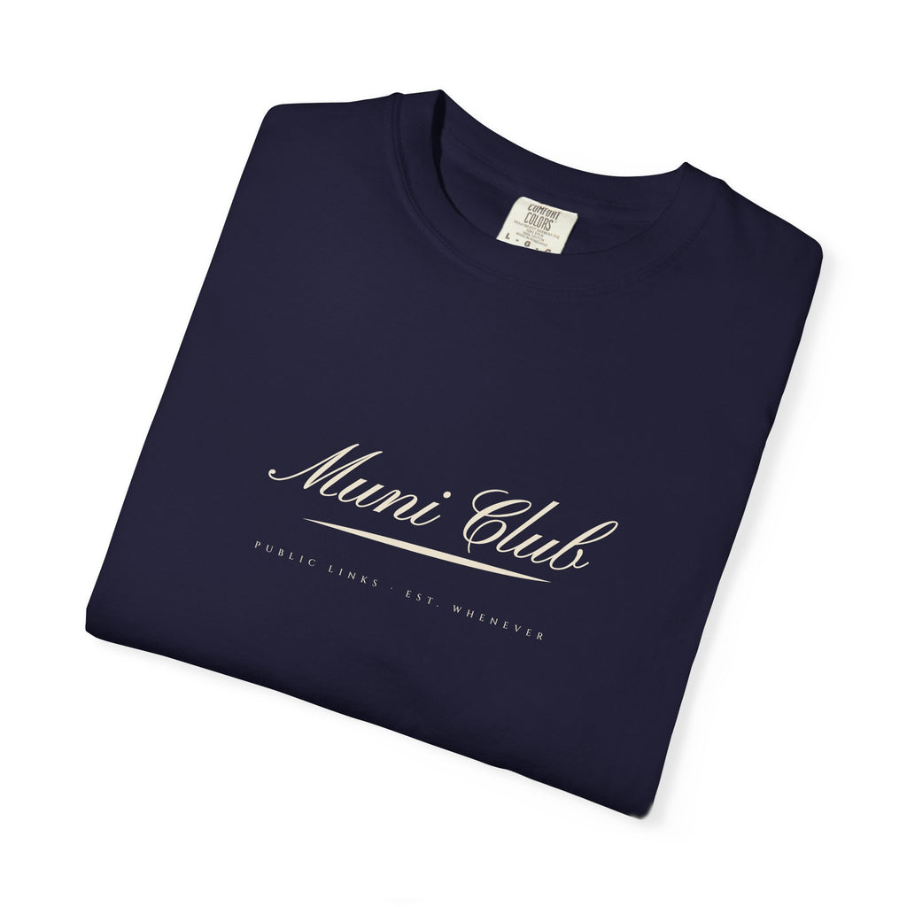 Muni Club Script Tee in True Navy, folded