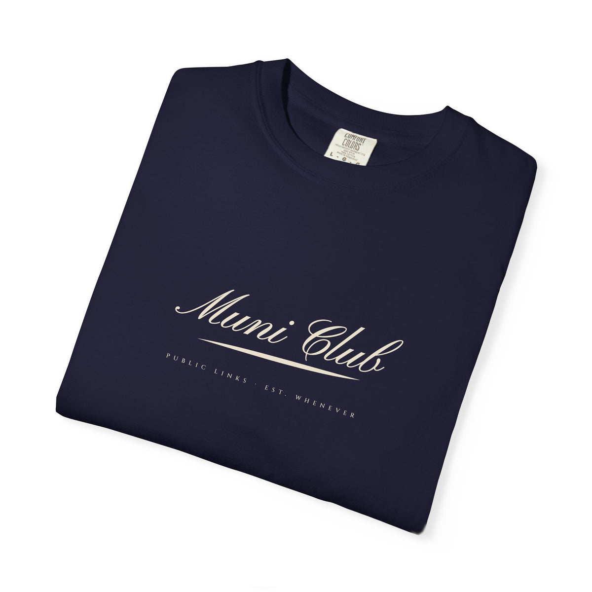 Muni Club Script Tee in True Navy, folded