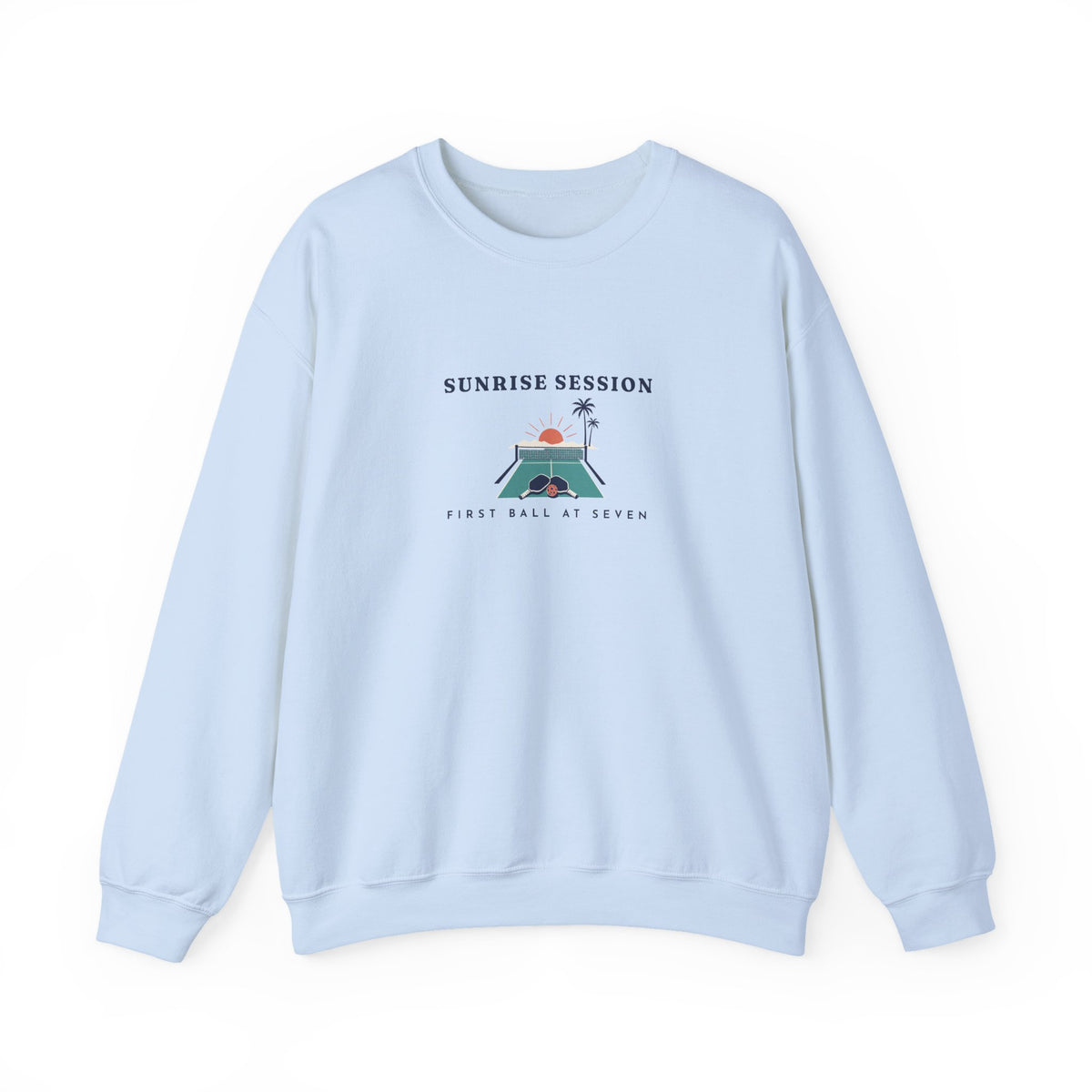 Sunrise Session Crewneck in Light Blue, front view