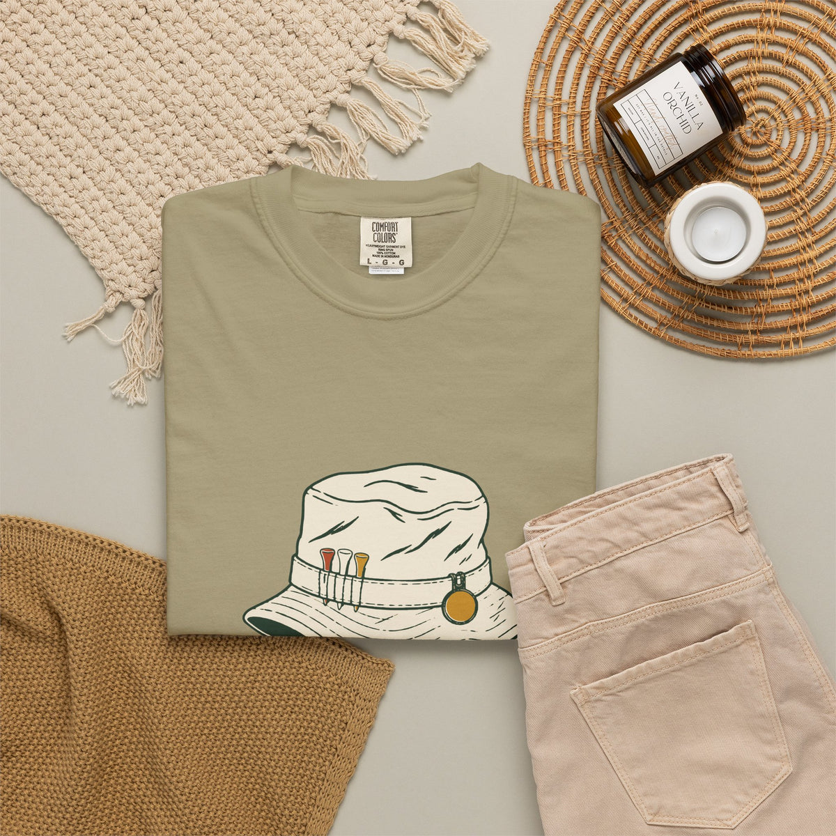 Bucket Hat Golf Tee in Khaki, flat lay