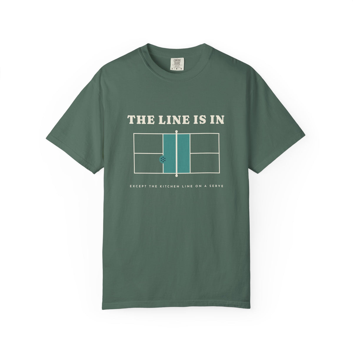 The Line Is In Tee in Blue Spruce, front view