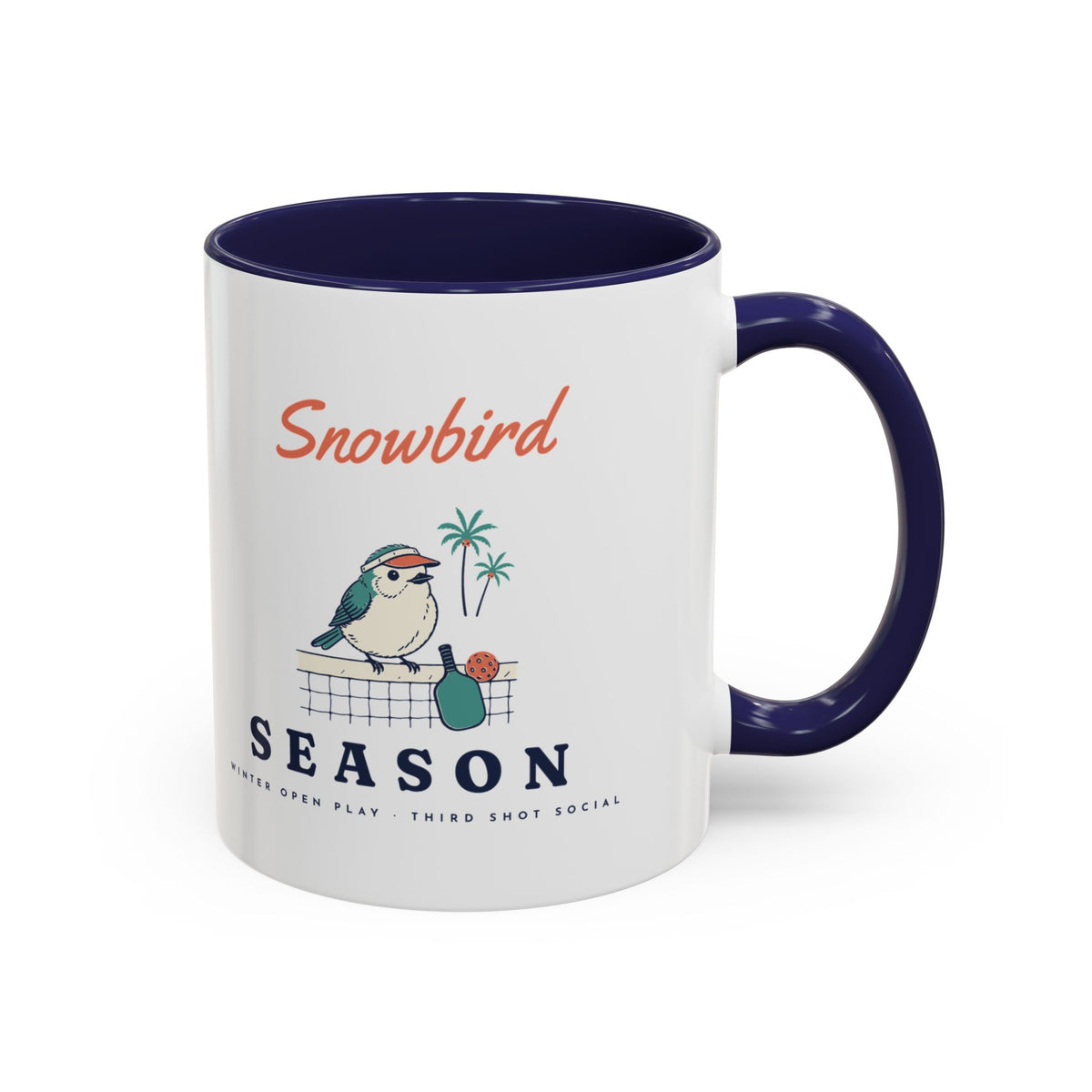 Snowbird Season Mug in Navy, design, handle right