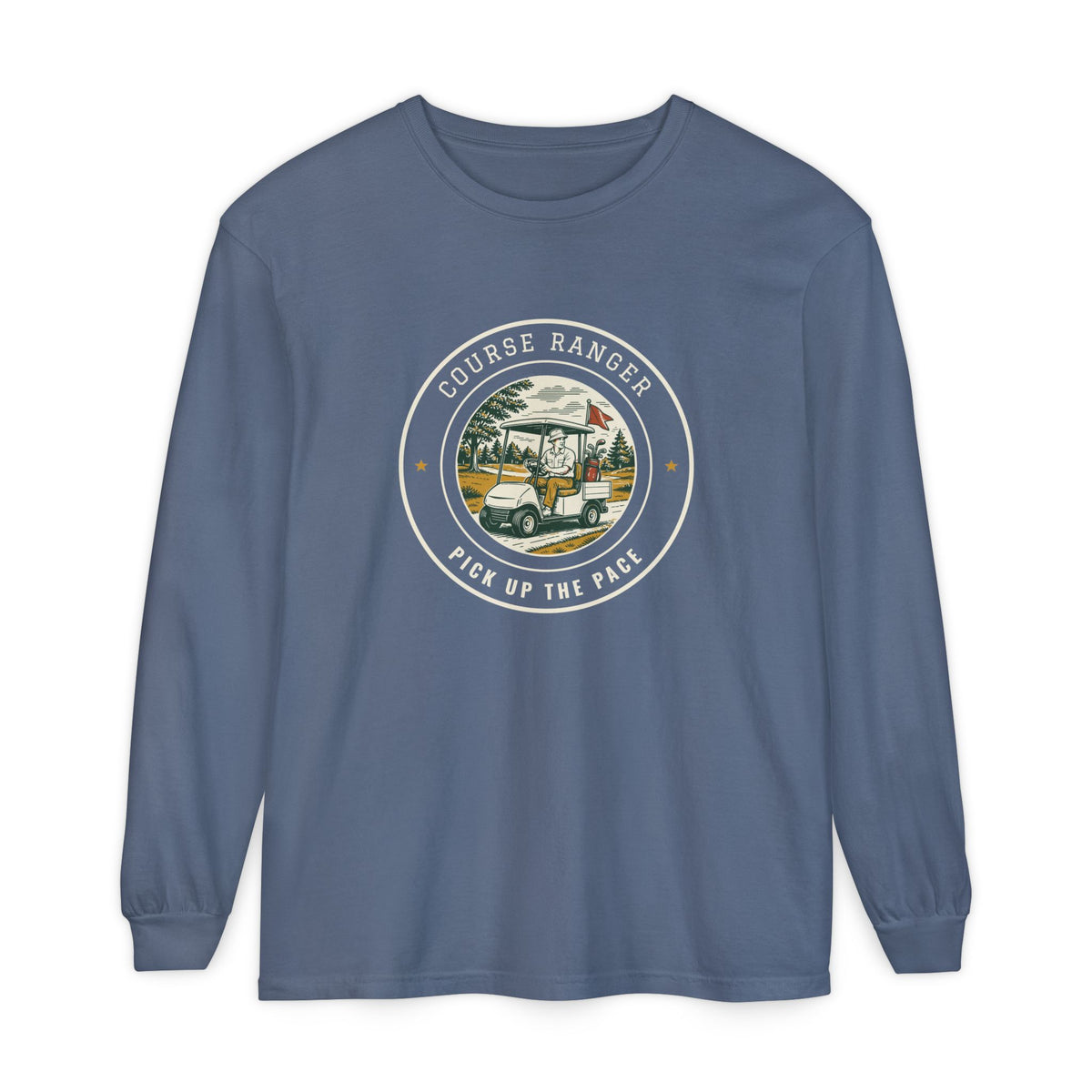 Course Ranger Long Sleeve Tee in Blue Jean, front view
