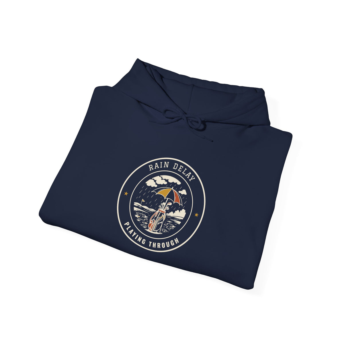 Rain Delay Hoodie in Navy, folded