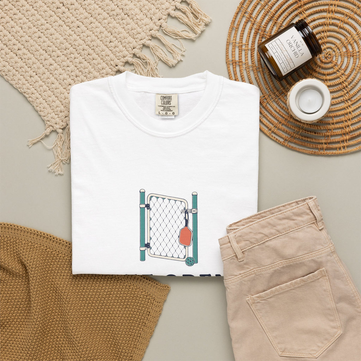 Gate Opens at Eight Tee in White, flat lay