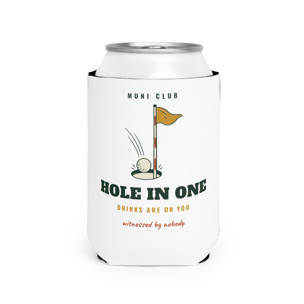 Hole in One Can Cooler in White, front view, second angle