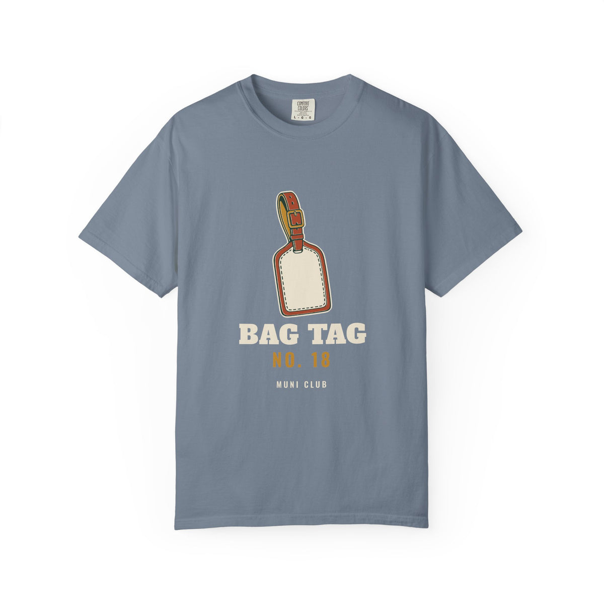 Bag Tag No. 18 Tee in Blue Jean, front view