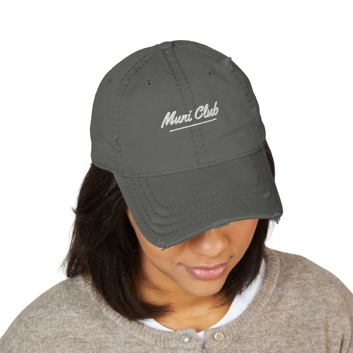 Muni Club Script Dad Hat in Charcoal Grey, on model