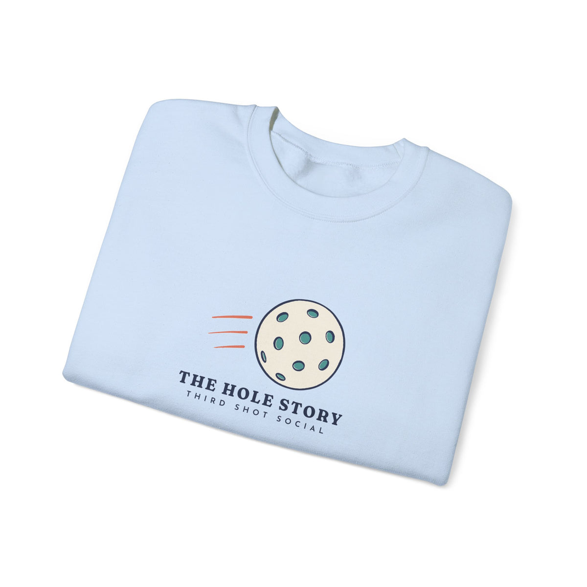 The Hole Story Crewneck in Light Blue, folded