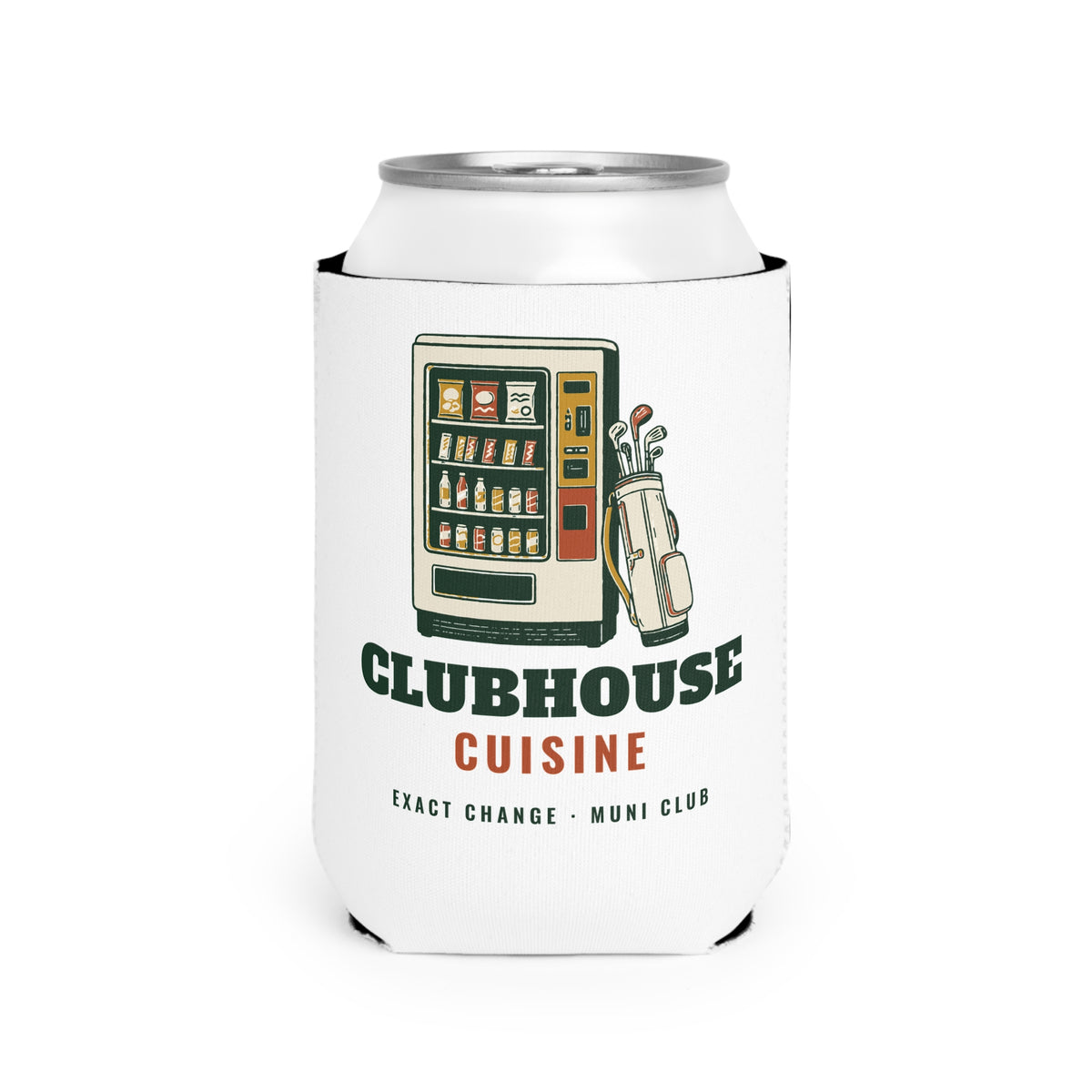 Clubhouse Cuisine Can Cooler in White, front view, second angle