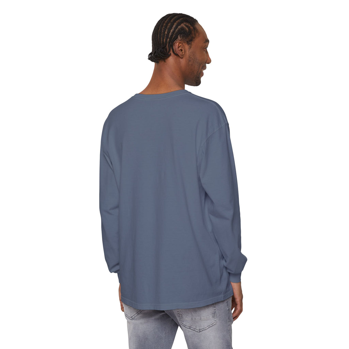 Desert Nine Long Sleeve Tee in Blue Jean, on model, back view