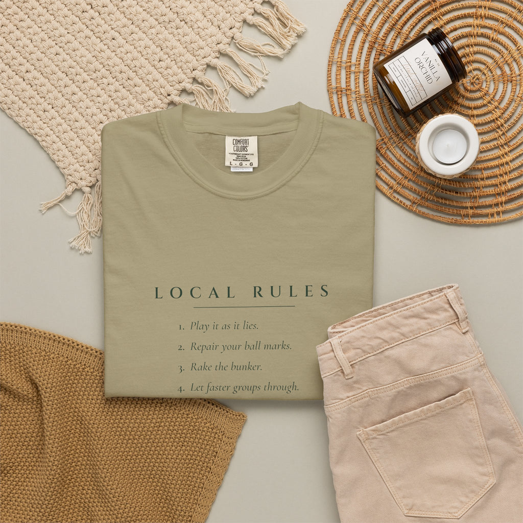 Local Rules Tee in Khaki, fabric and print detail