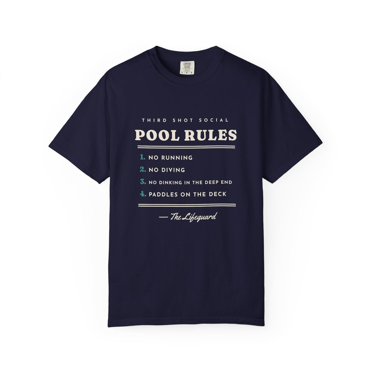Pool Rules Tee in True Navy, front view