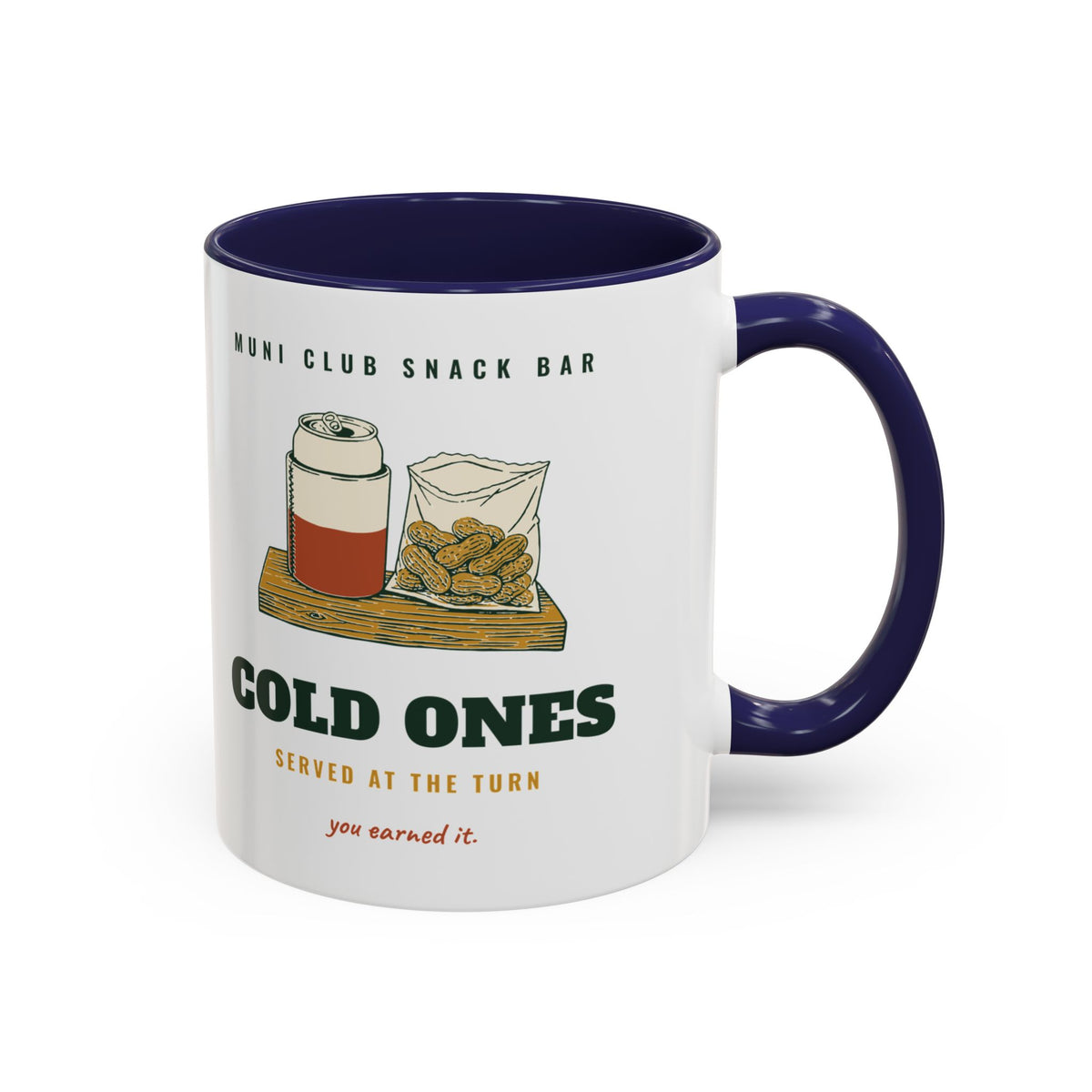 Cold Ones Mug in Navy, design, handle right