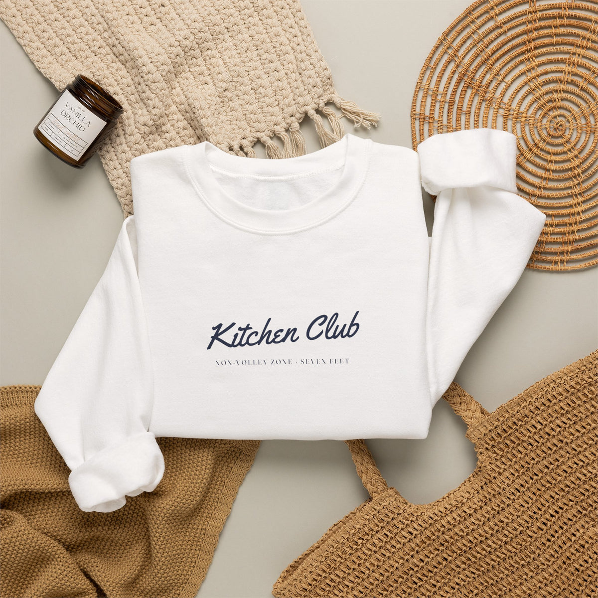 Kitchen Club Script Crewneck in White, flat lay