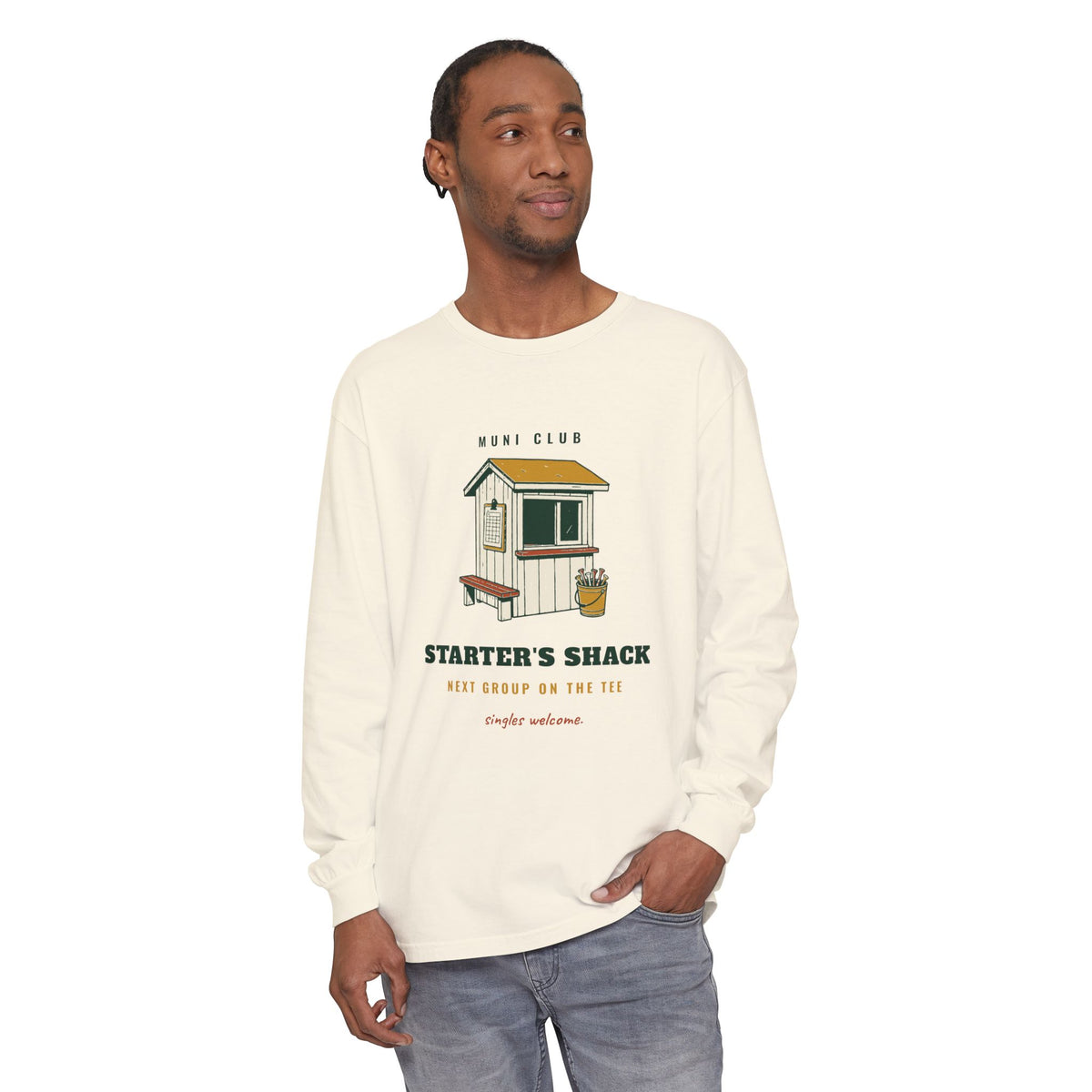 Starter's Shack Long Sleeve Tee in Ivory, on model
