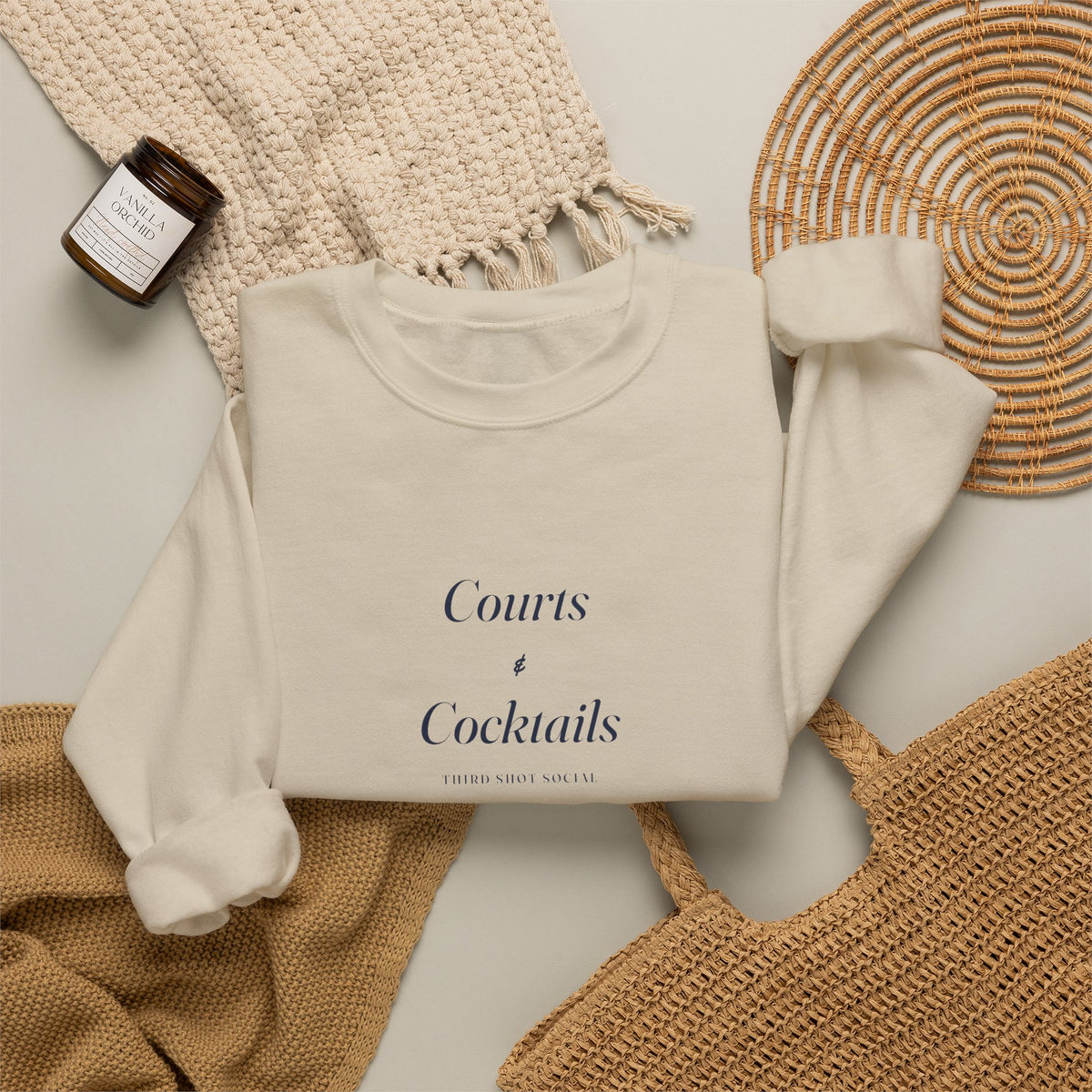 Courts & Cocktails Italic Crewneck in Sand, flat lay