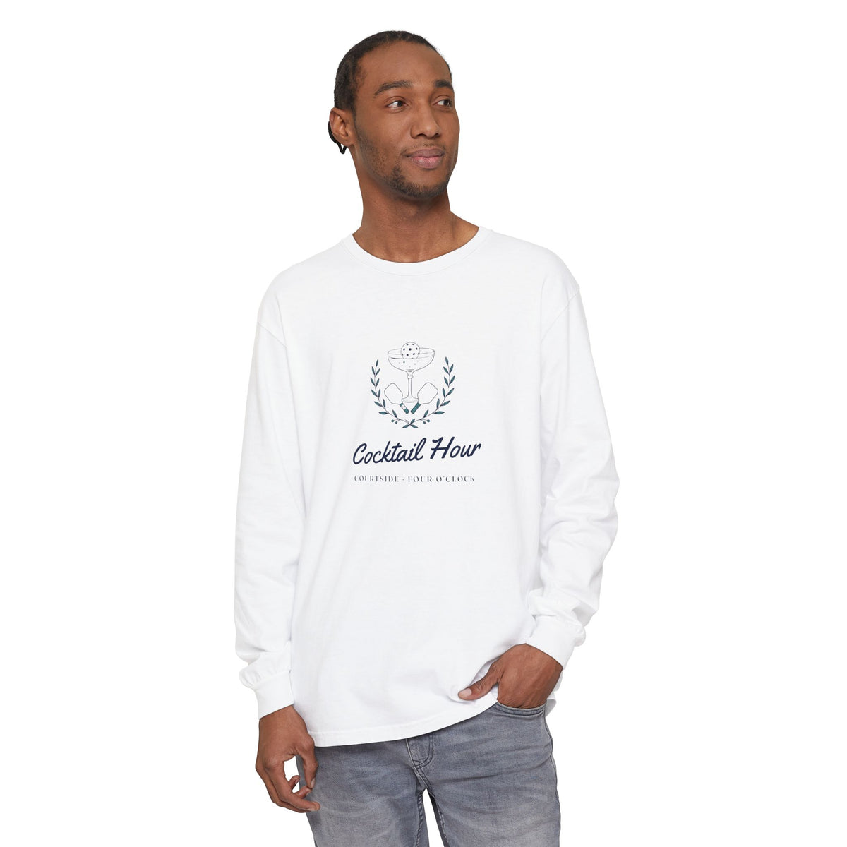 Cocktail Hour Coupe Long Sleeve Tee in White, on model