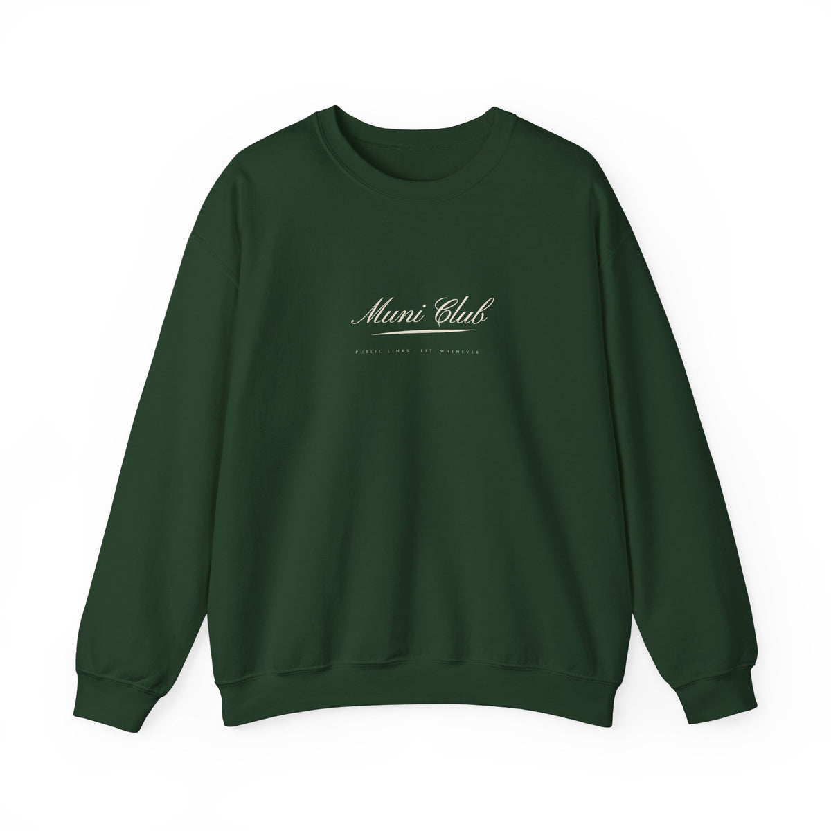 Muni Club Script Crewneck in Forest Green, front view