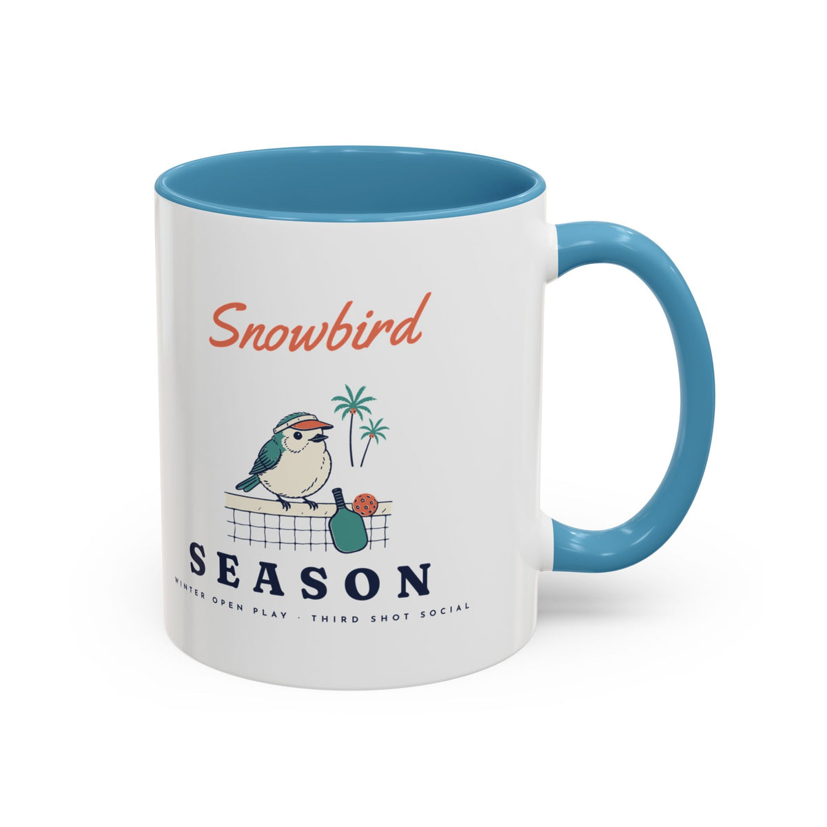 Snowbird Season Mug in Light Blue, design, handle right