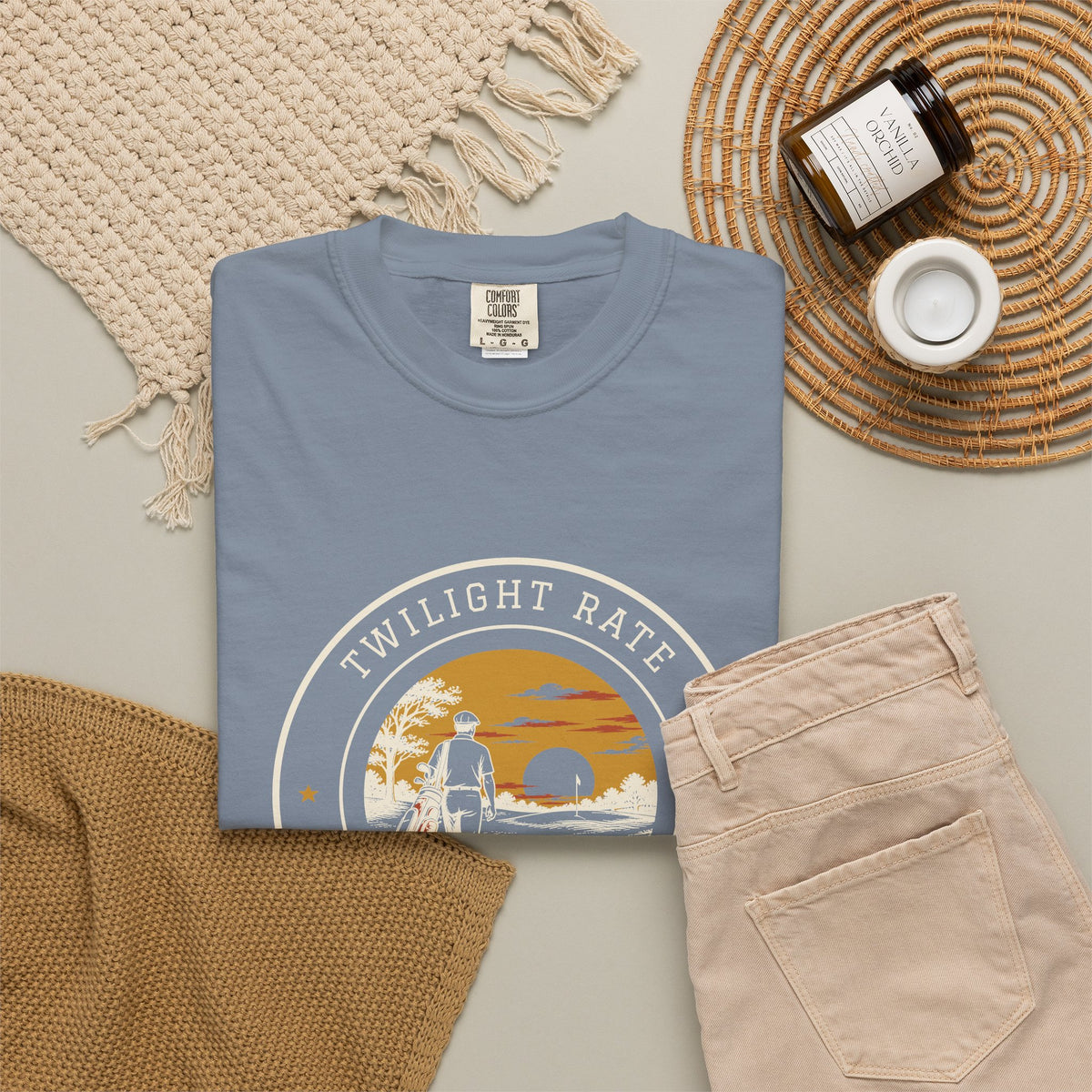 Twilight Rate Tee in Blue Jean, fabric and print detail
