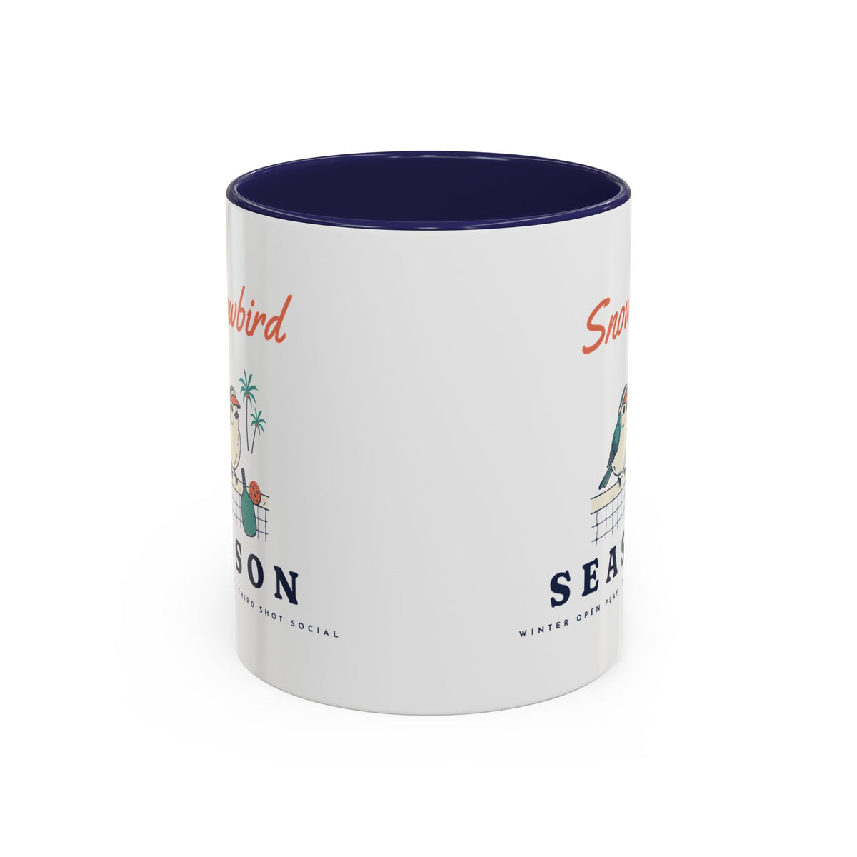Snowbird Season Mug in Navy, corner view