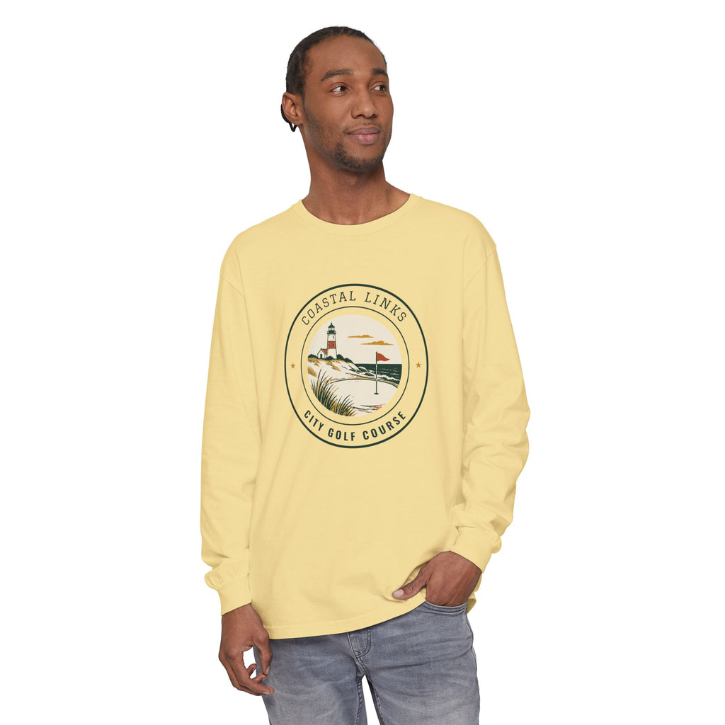 Coastal Links Long Sleeve Tee in Butter, on model