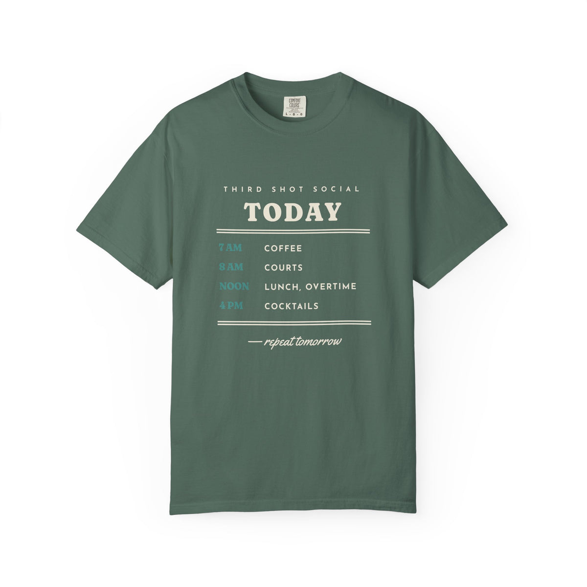 Coffee, Courts, Cocktails Tee in Blue Spruce, front view