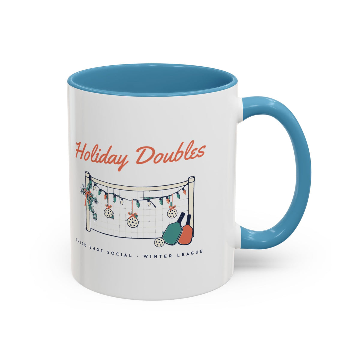 Holiday Doubles Mug in Light Blue, design, handle right