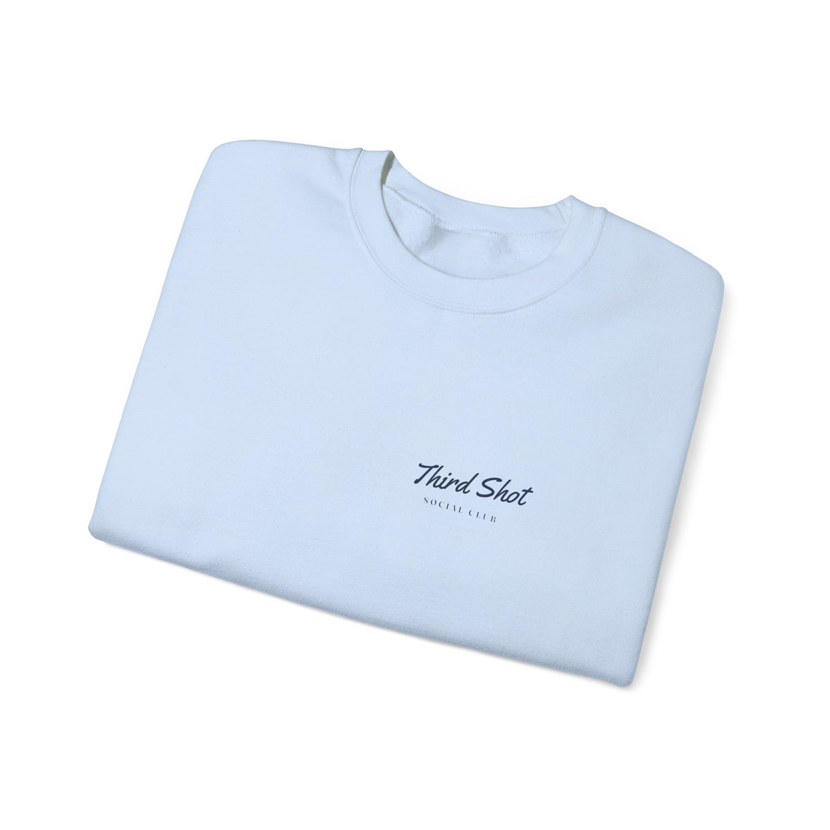 Script Chest Mark Crewneck in Light Blue, folded