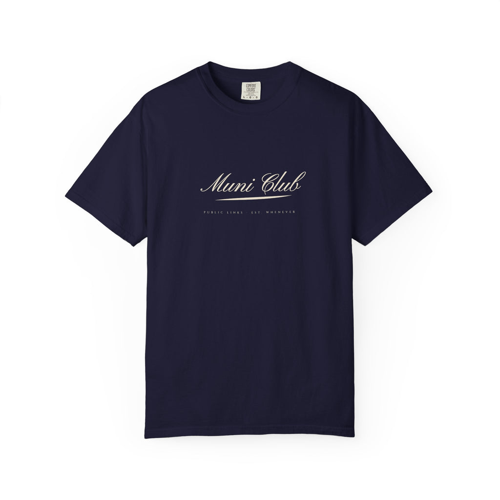Muni Club Script Tee in True Navy, front view