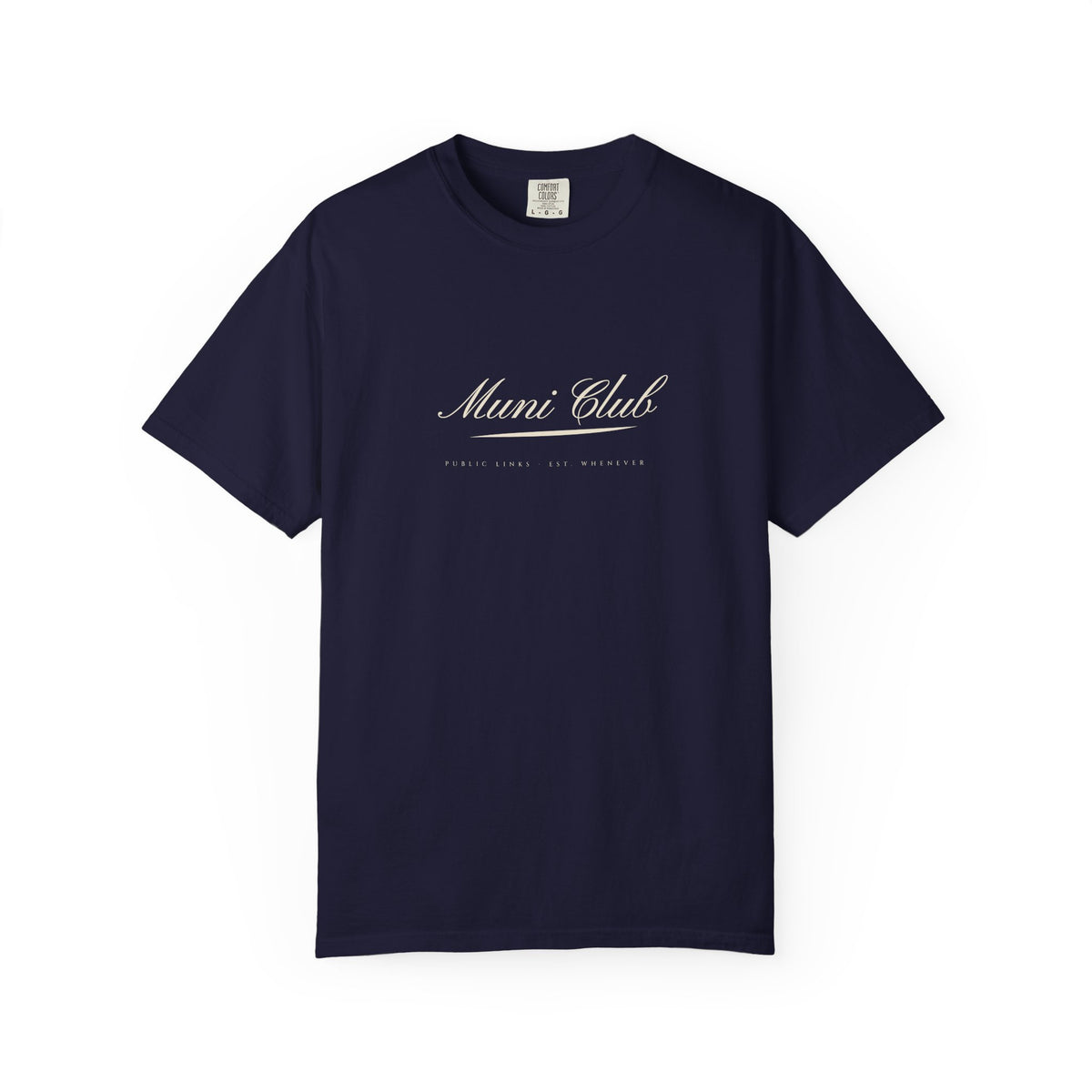 Muni Club Script Tee in True Navy, front view