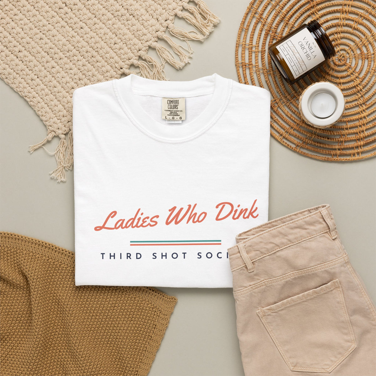 Ladies Who Dink Tee in White, flat lay