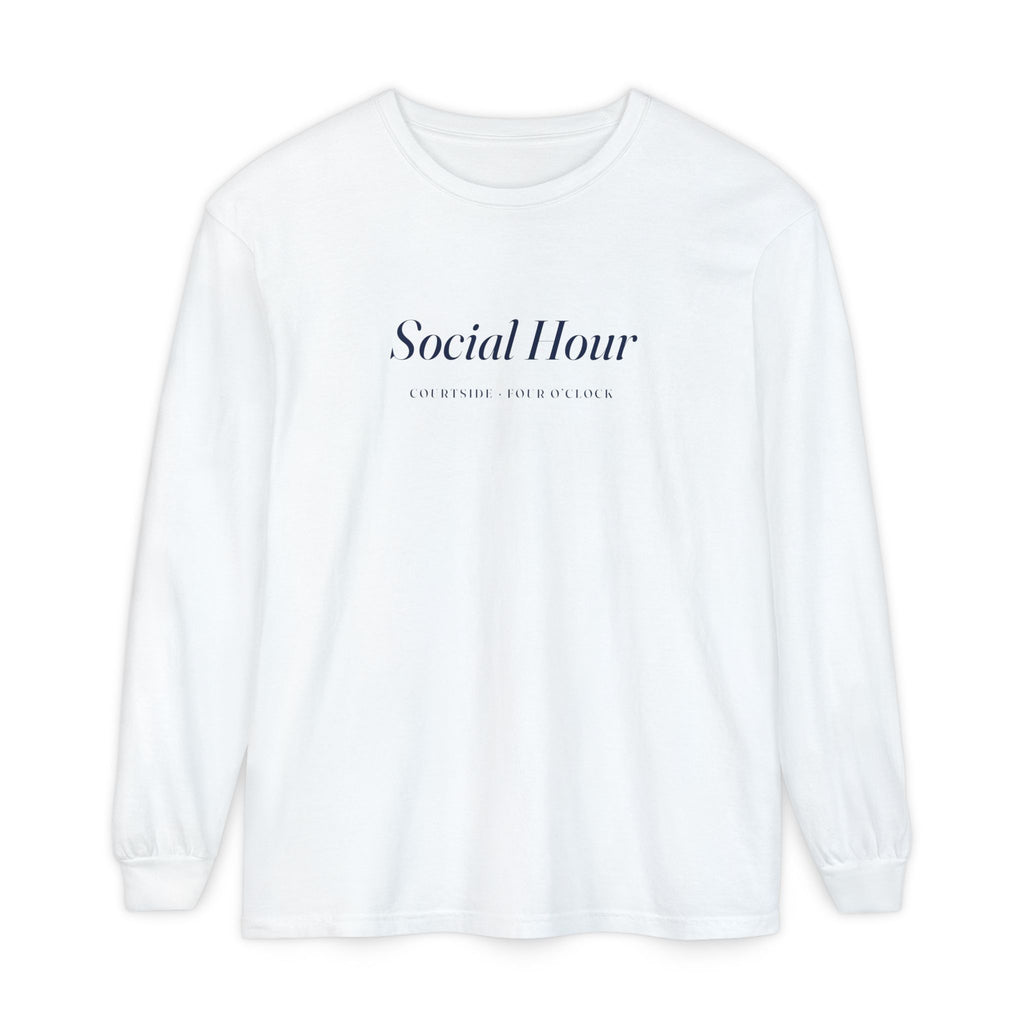 Social Hour Long Sleeve Tee in White, front view