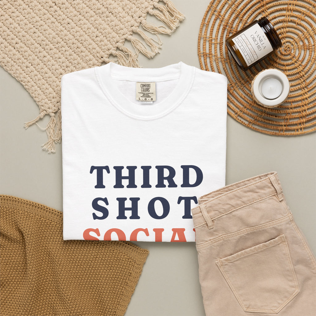 Third Shot Social Stacked Tee in White, flat lay
