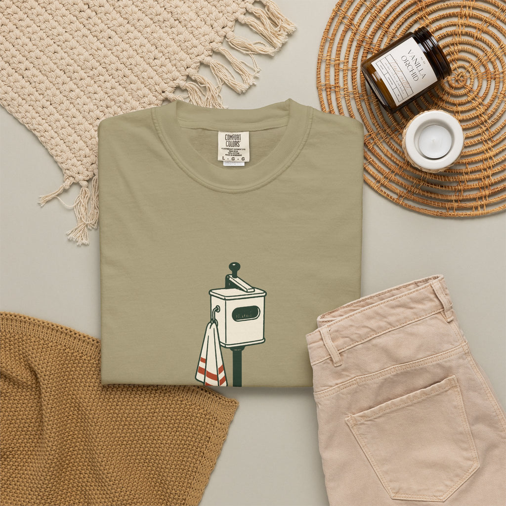Clean Lies Only Tee in Khaki, fabric and print detail