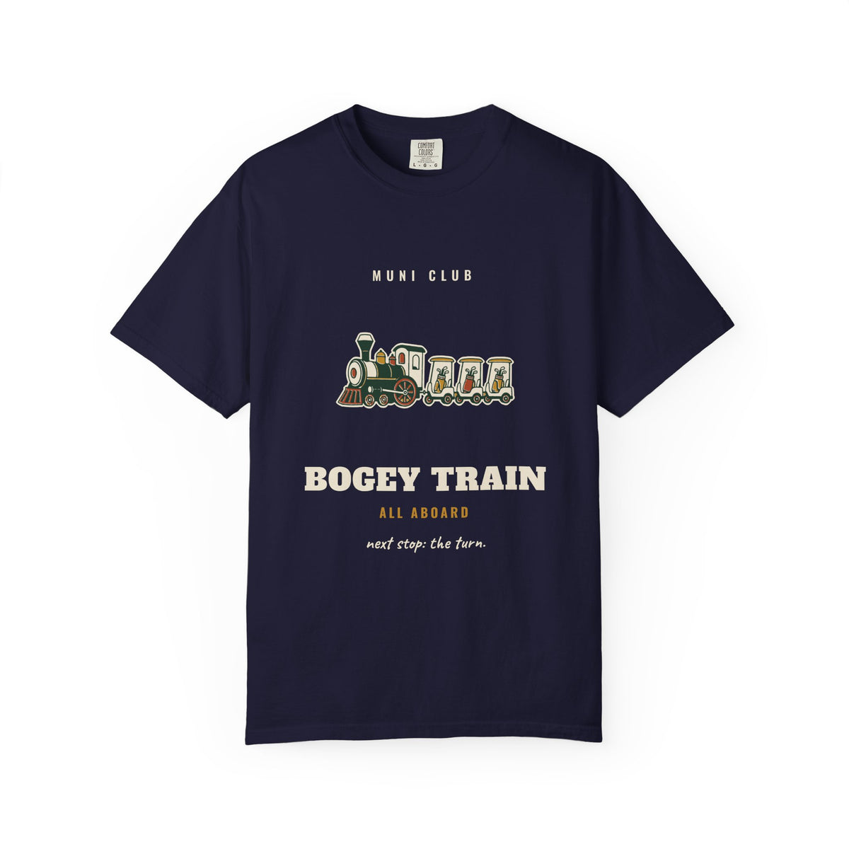 Bogey Train Tee in True Navy, front view
