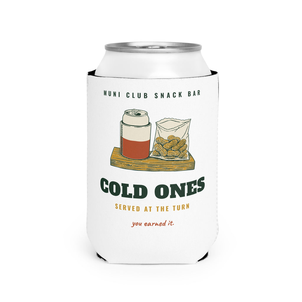 Cold Ones Can Cooler in White, front view, second angle