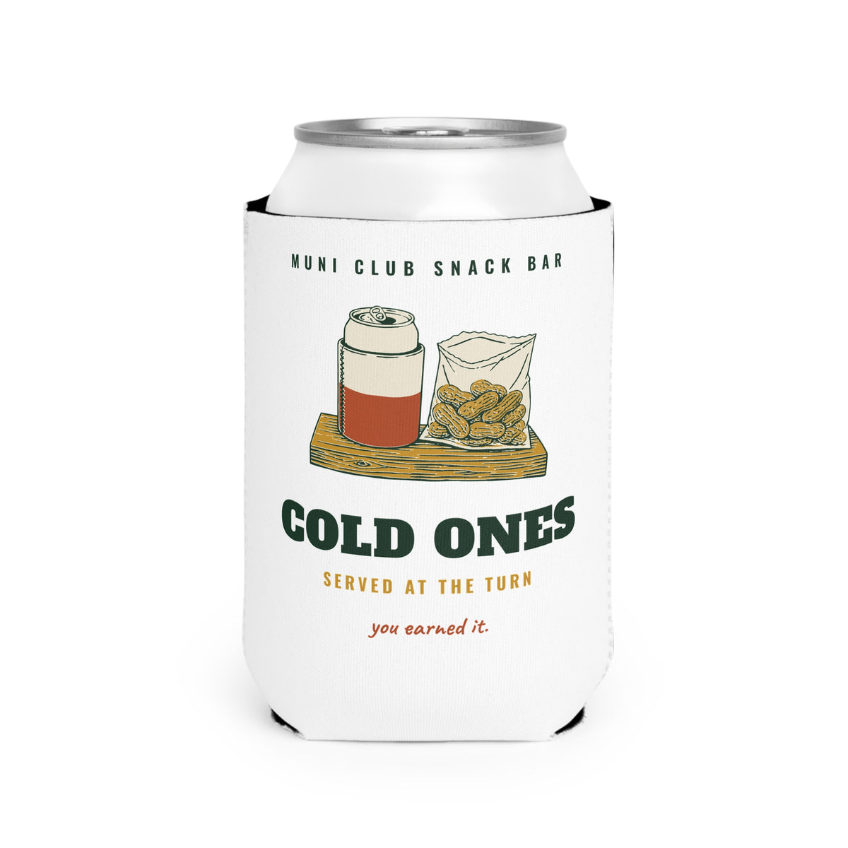 Cold Ones Can Cooler in White, front view, second angle
