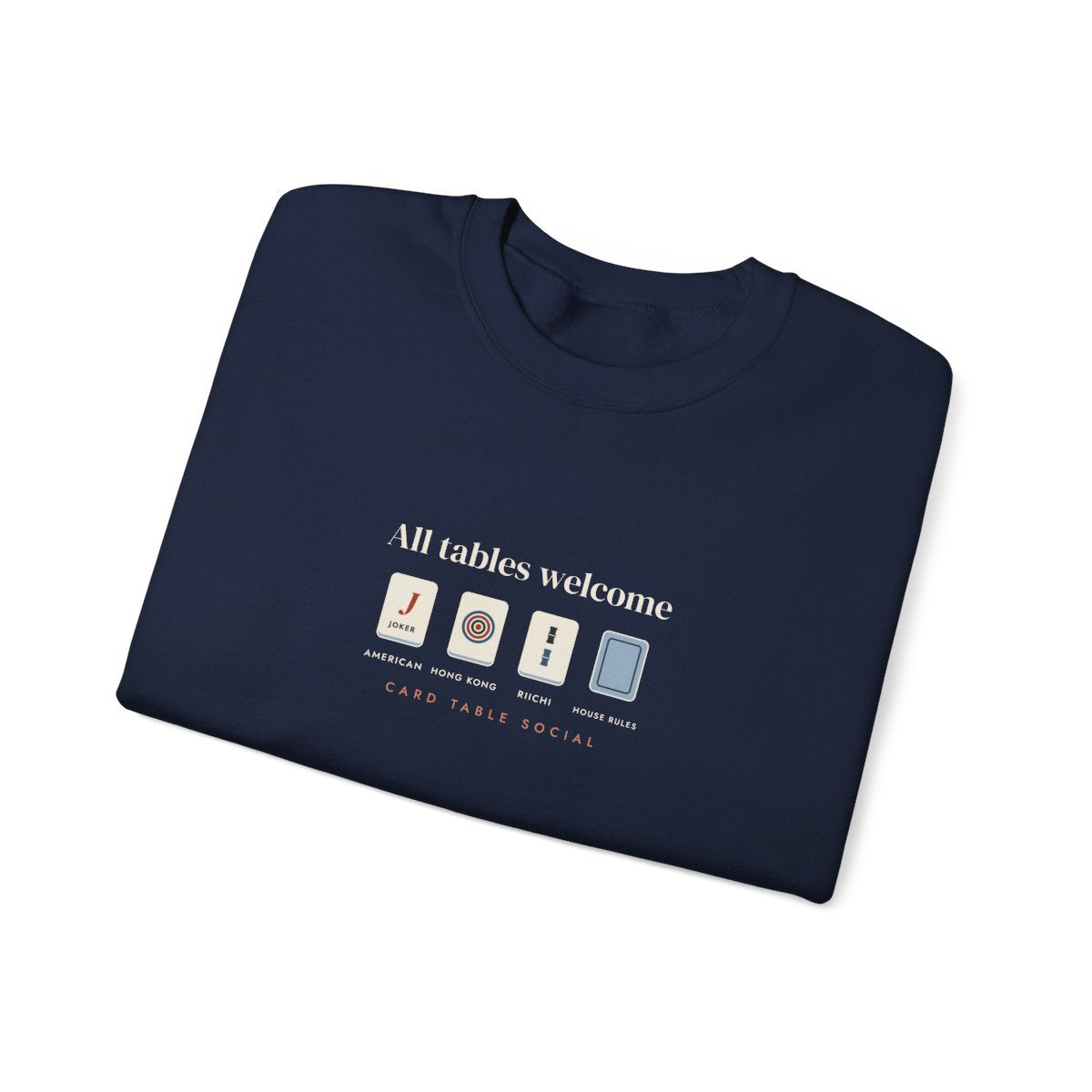 All Tables Welcome Crewneck in Navy, folded