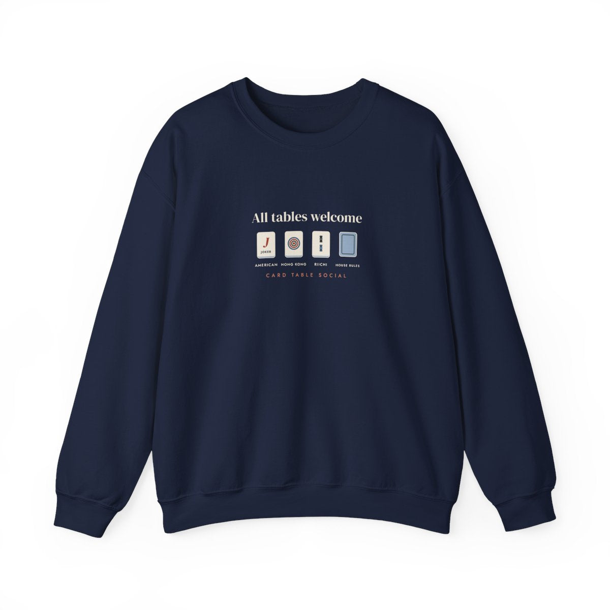 All Tables Welcome Crewneck in Navy, front view