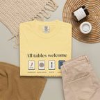 All Tables Welcome Tee in Butter, fabric and print detail