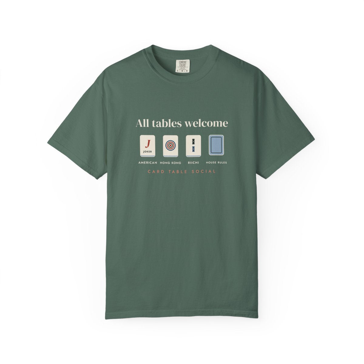 All Tables Welcome Tee in Blue Spruce, front view