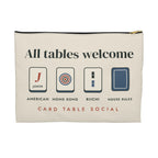 All Tables Welcome Zip Pouch in Black zipper, front view