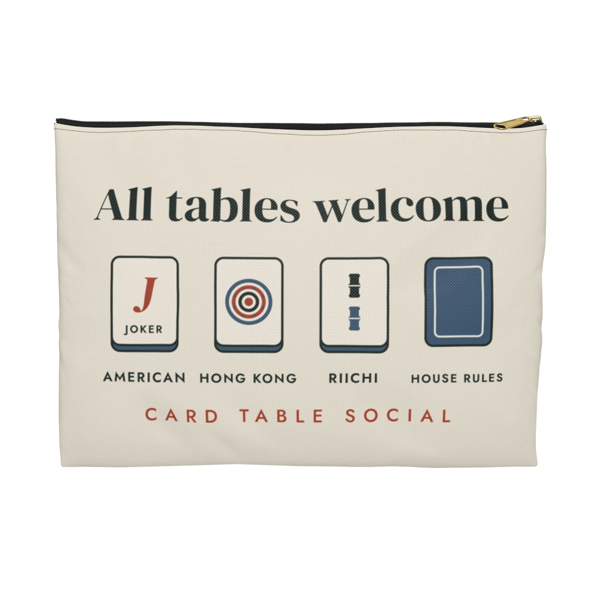 All Tables Welcome Zip Pouch in Black zipper, front view